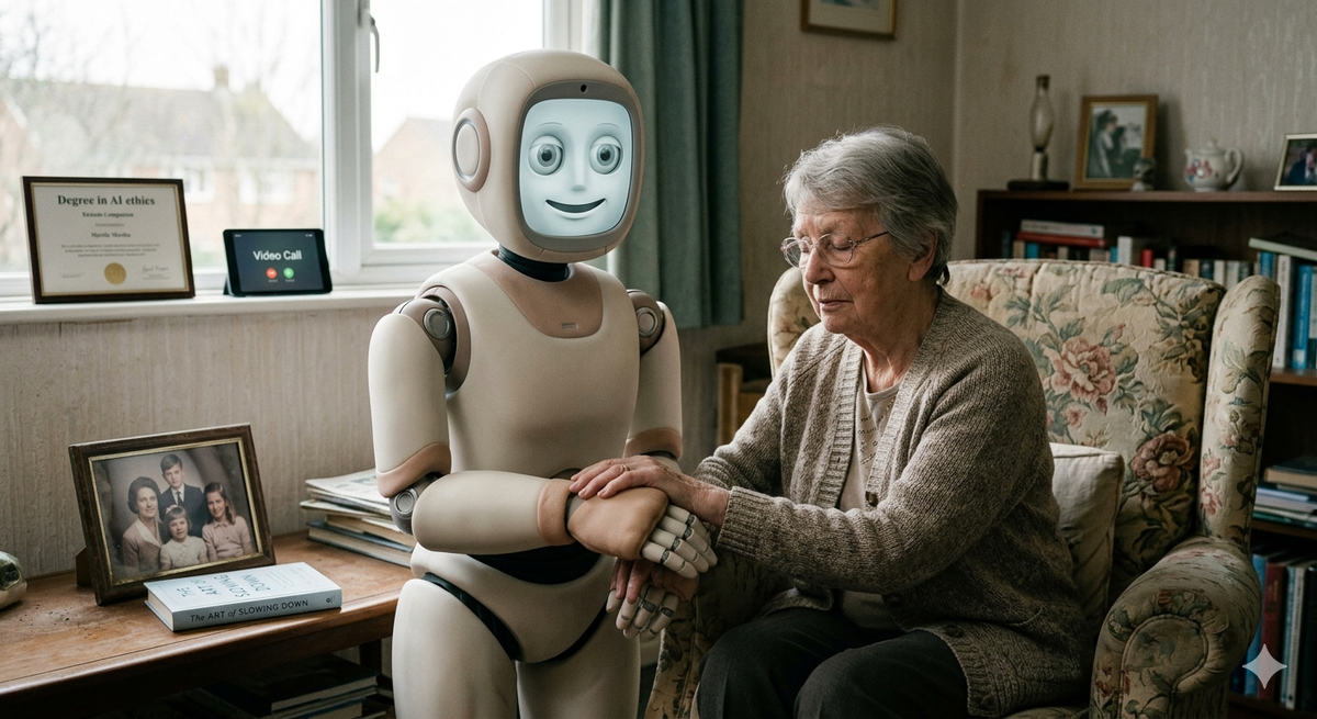 A Sora-generated image of a senior companion care robot. Intended to be disarming yet subtly unsettling at the same time. 